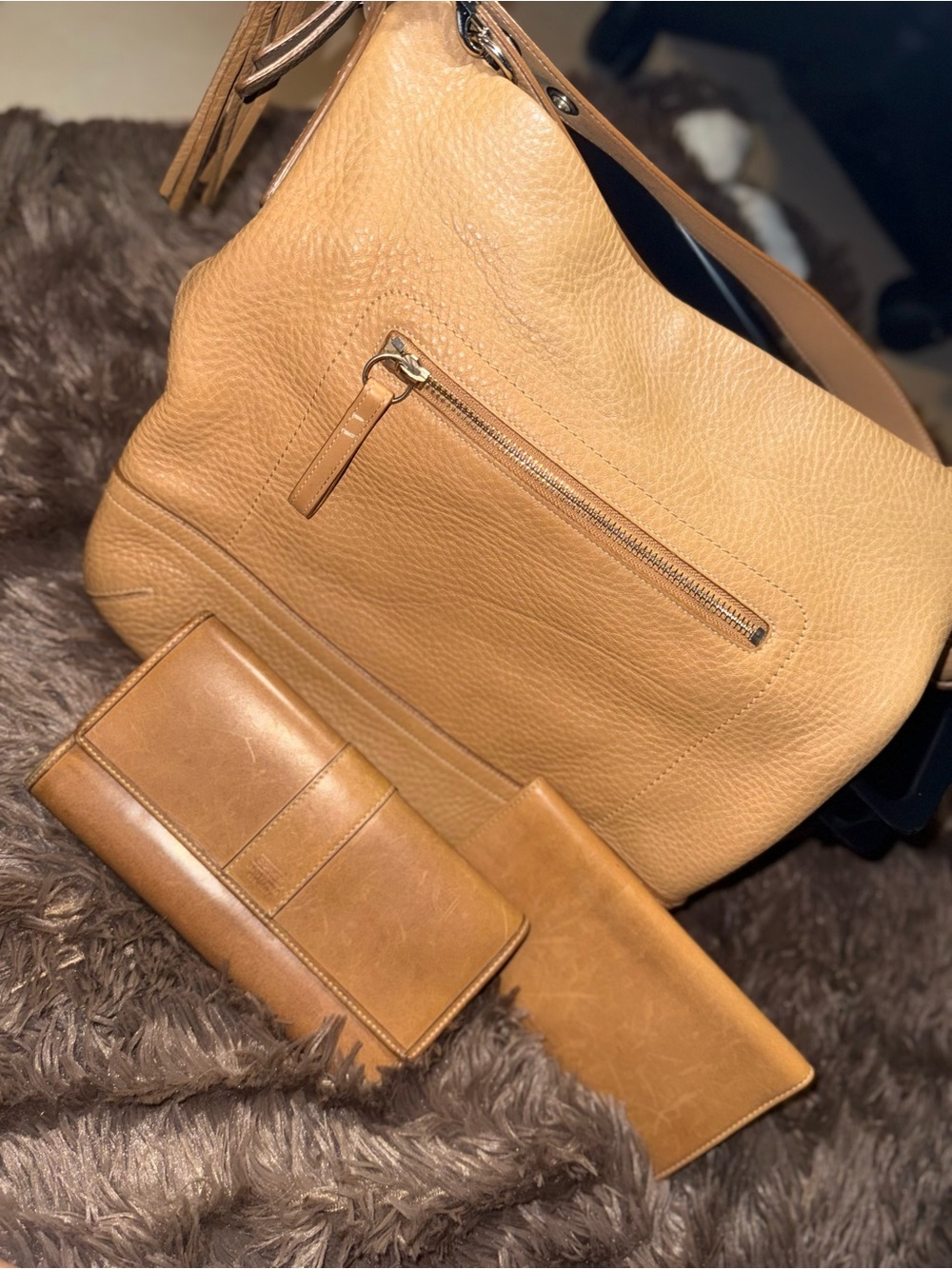 Coach Tan Pebbled Leather Shoulder Bag with Matching Wallets